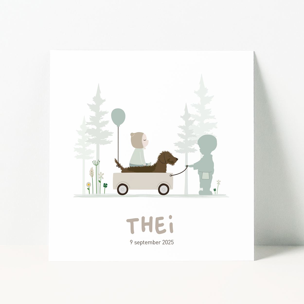 geboortekaartje op maat met bos en hond illustratie - teckel