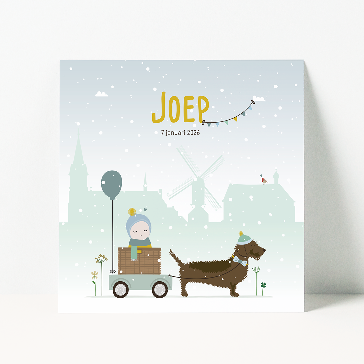 geboortekaartje op maat met winter, sneeuw en hond illustratie