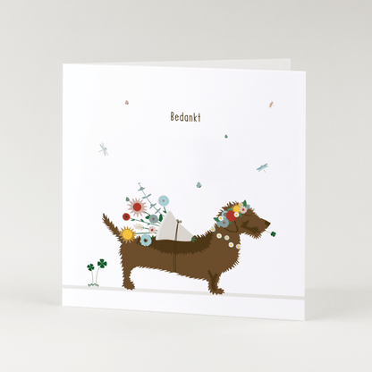 Greeting card dachshund Frits - Say it with flowers...Thank you!