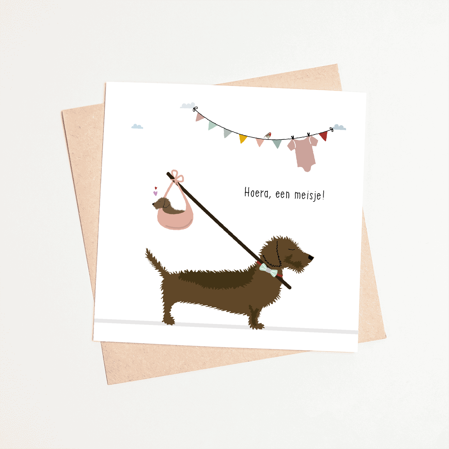 Greeting card dachshund Frits - Hooray, a girl! (knapsack)