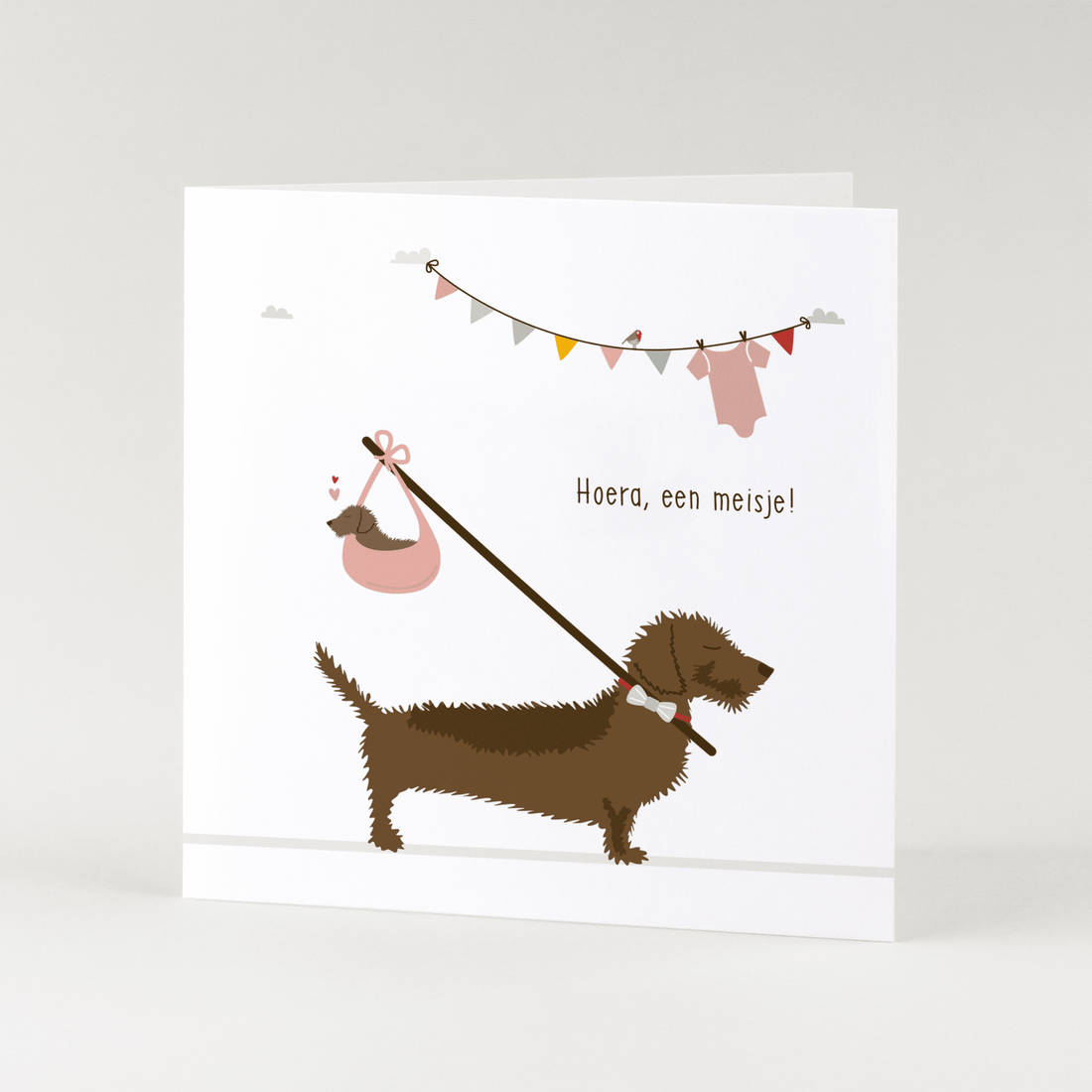 Greeting card dachshund Frits - Hooray, a girl! (knapsack)