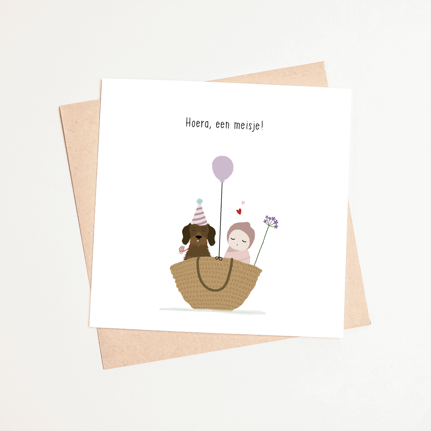 Greeting card dachshund Frits - Hooray, a girl! (together in basket)