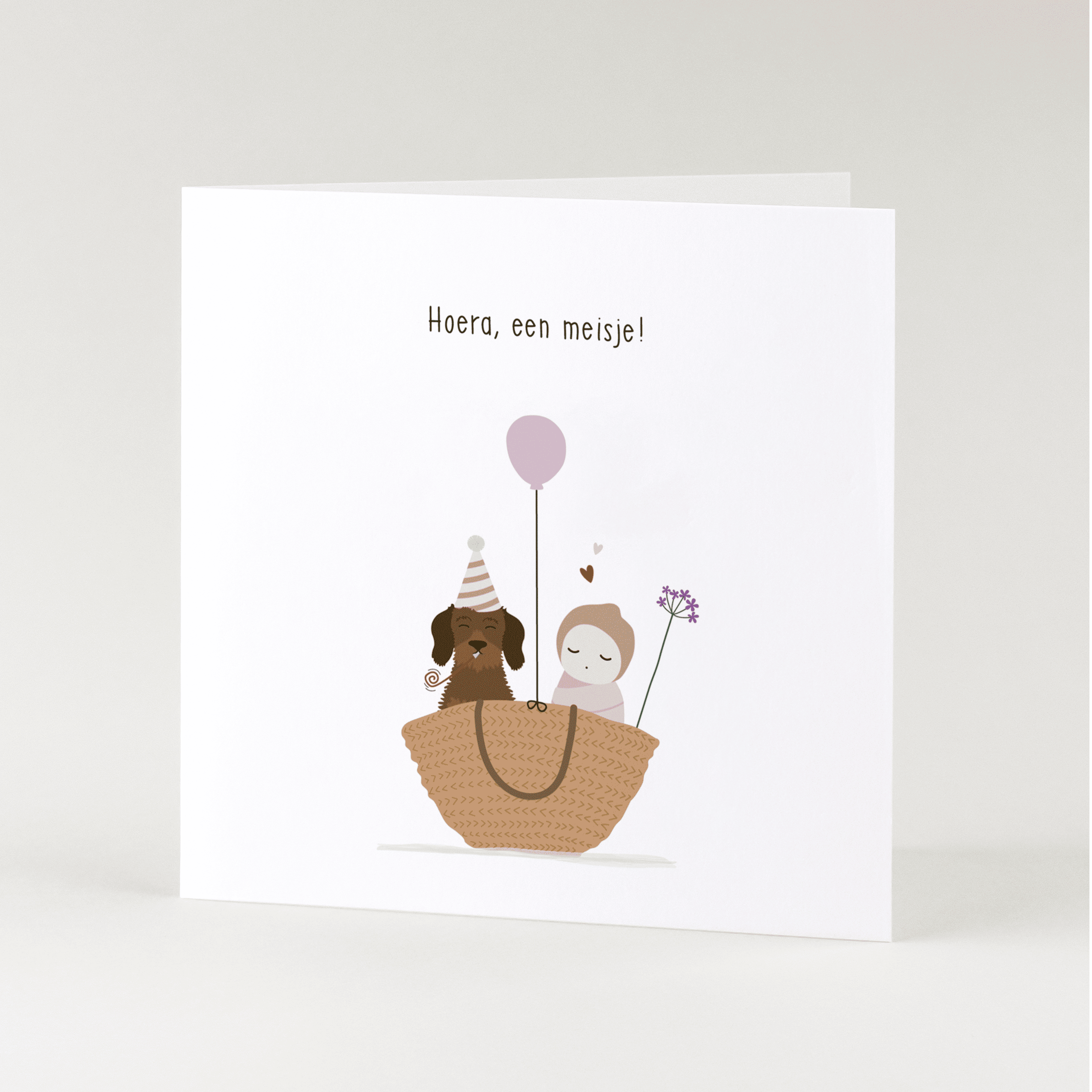 Greeting card dachshund Frits - Hooray, a girl! (together in basket)