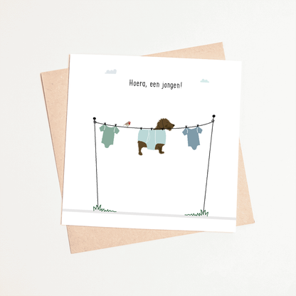 Greeting card dachshund Frits - Hooray, a boy!