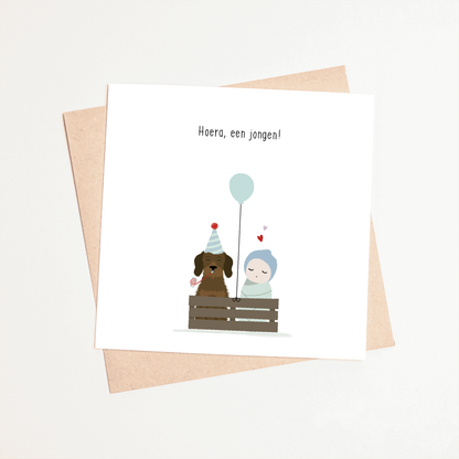 Greeting card dachshund Frits - Hooray, a boy! (together in a box)