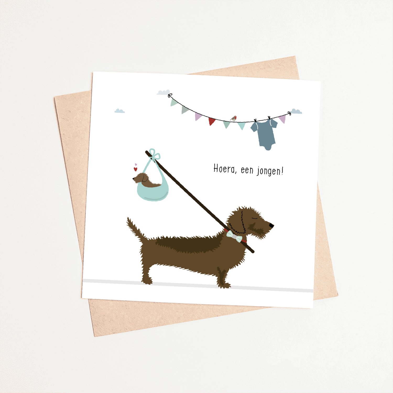 Greeting card dachshund Frits - Hooray, a boy! (knapsack)