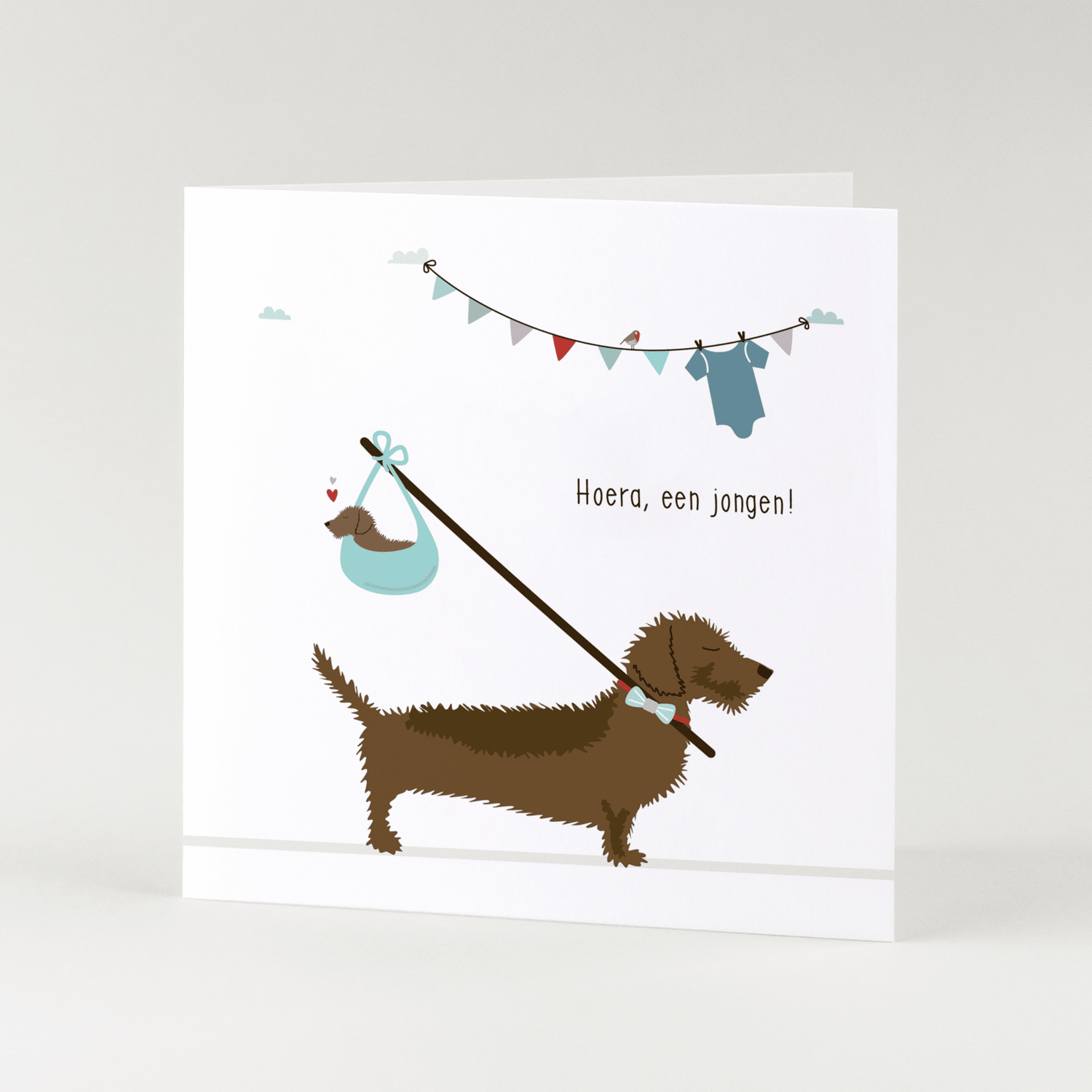 Greeting card dachshund Frits - Hooray, a boy! (knapsack)