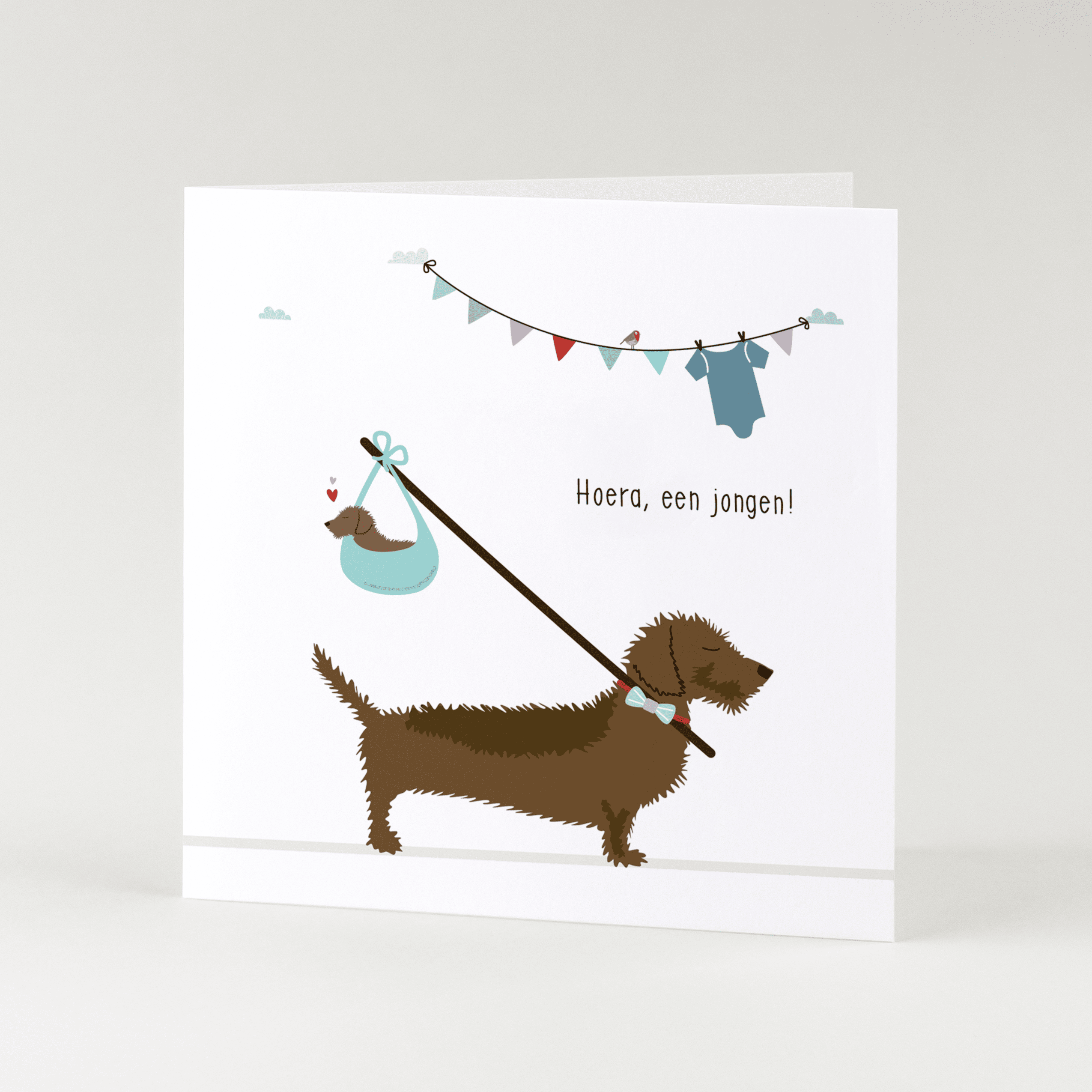 Greeting card dachshund Frits - Hooray, a boy! (knapsack)