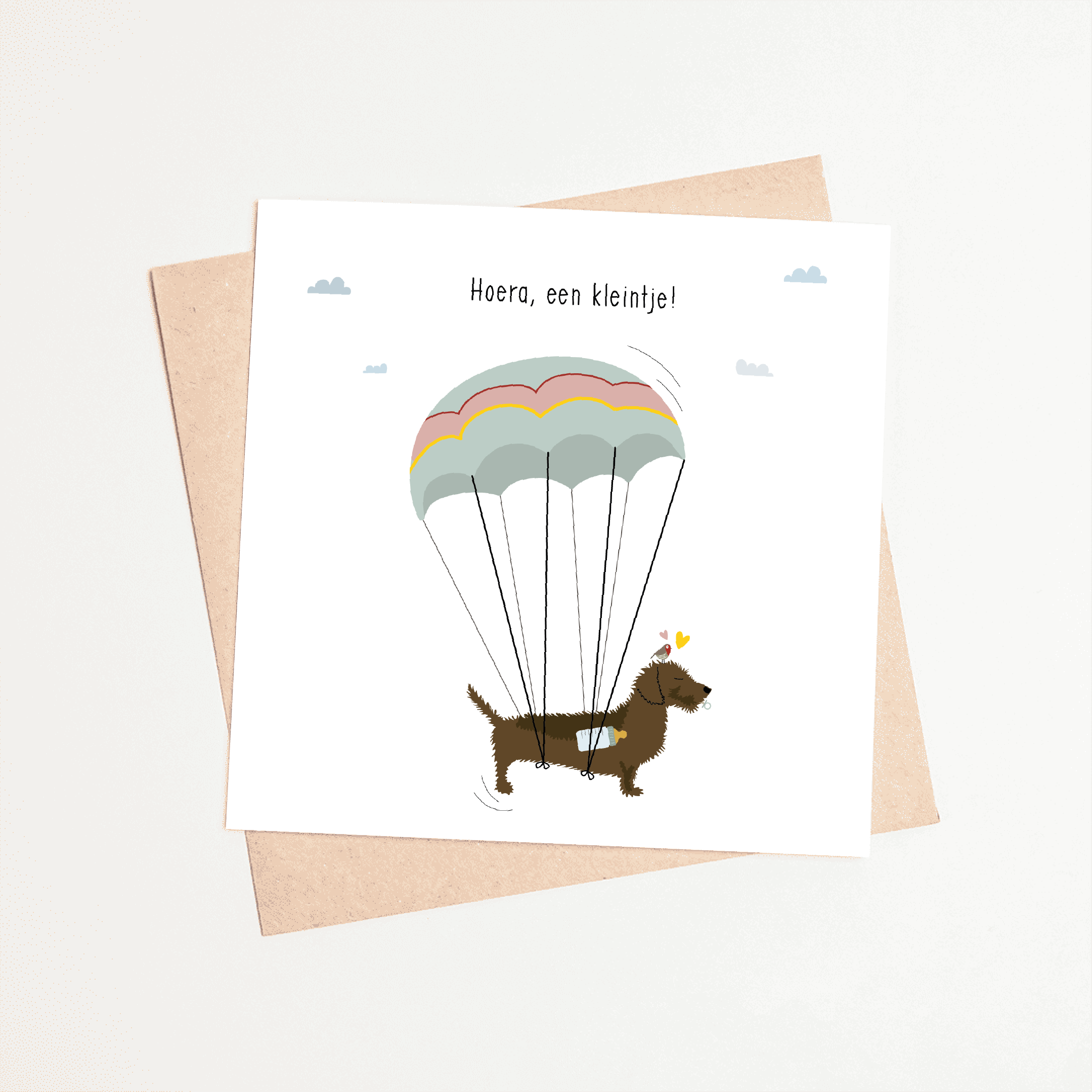 Greeting card dachshund Frits - Hooray, a little one! (parachute)