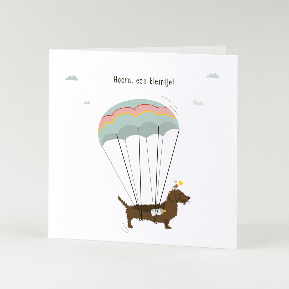 Greeting card dachshund Frits - Hooray, a little one! (parachute)