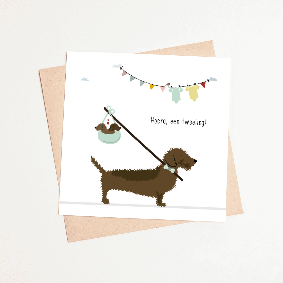 Greeting card dachshund Frits - Hooray, twins!