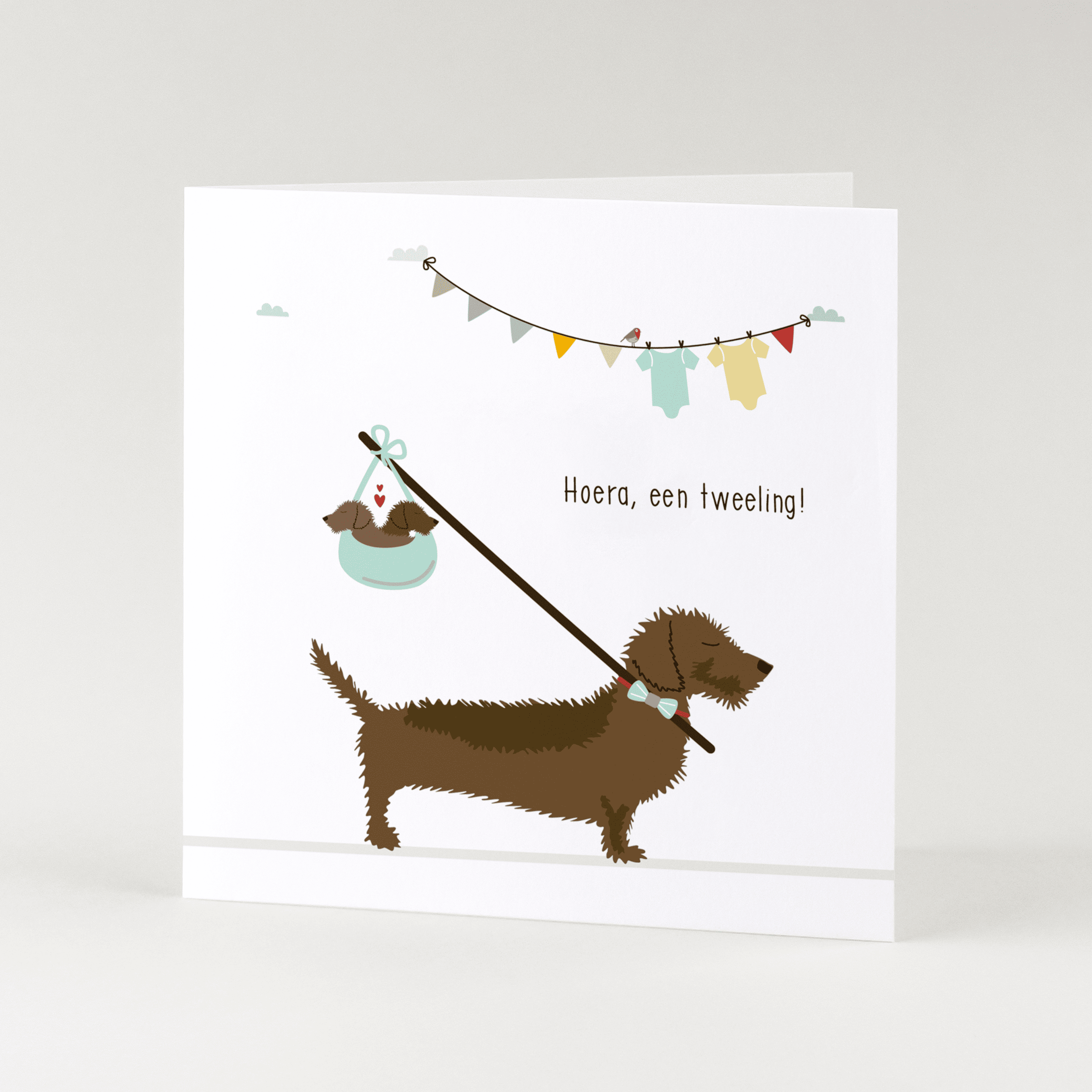 Greeting card dachshund Frits - Hooray, twins!