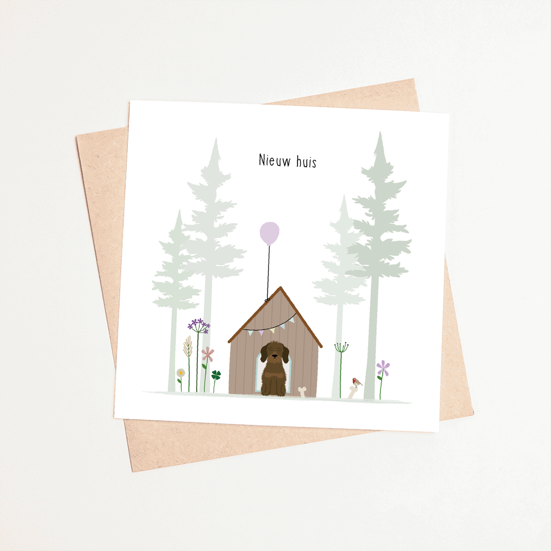 Greeting card dachshund Frits - New house (between the trees)