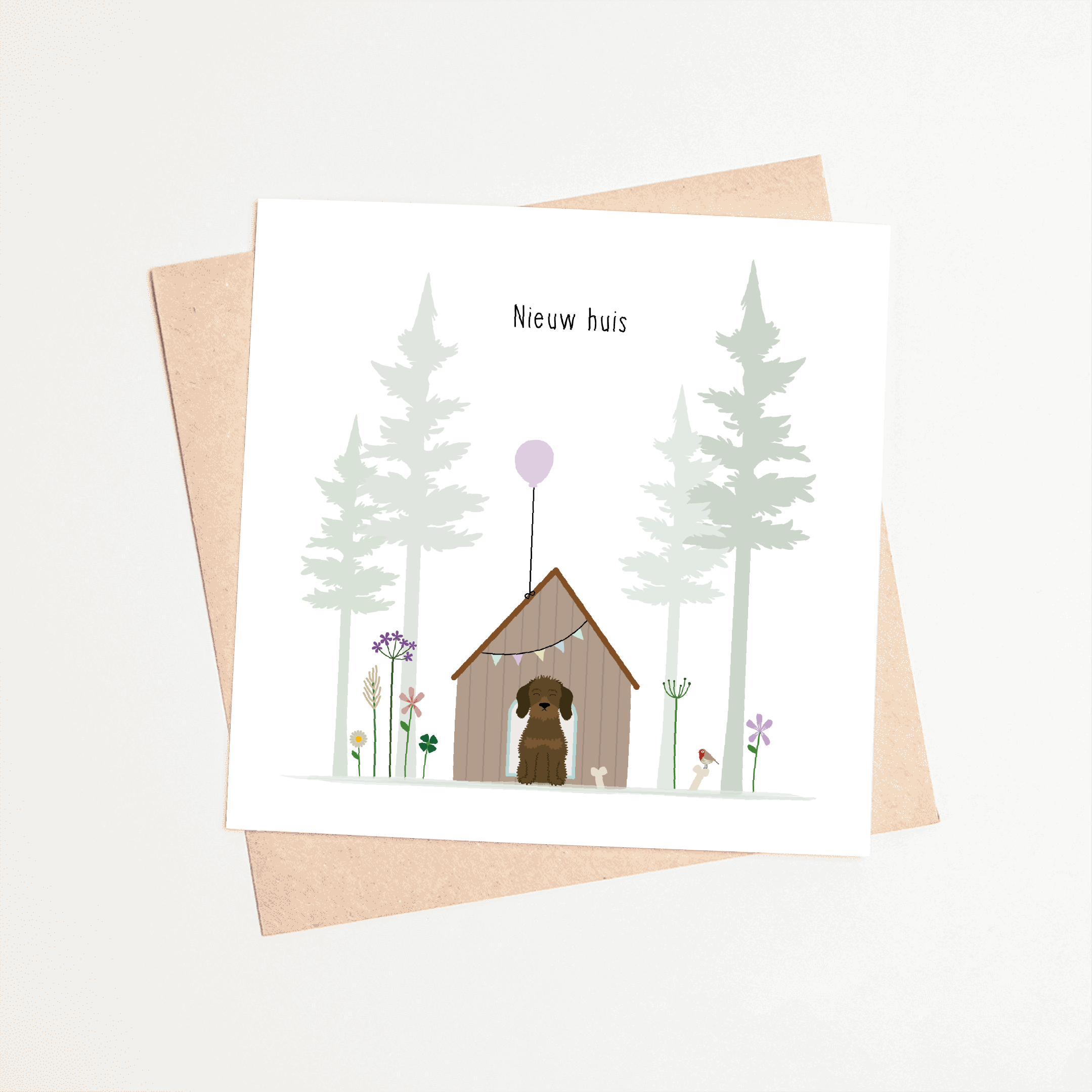 Greeting card dachshund Frits - New house (between the trees)