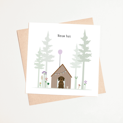 Greeting card dachshund Frits - New house (between the trees)