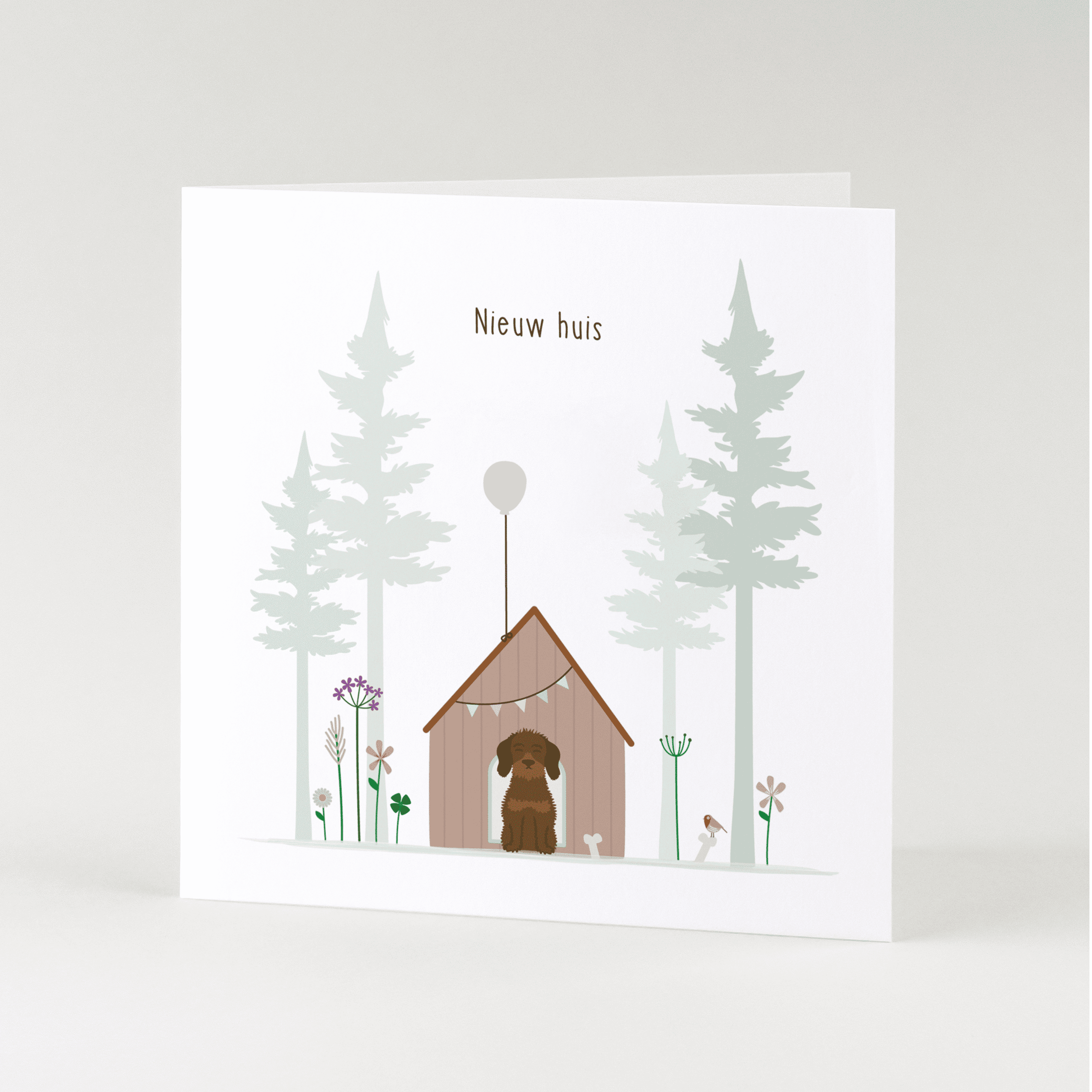 Greeting card dachshund Frits - New house (between the trees)