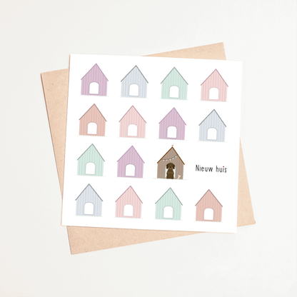 Greeting card dachshund Frits - New house (houses)