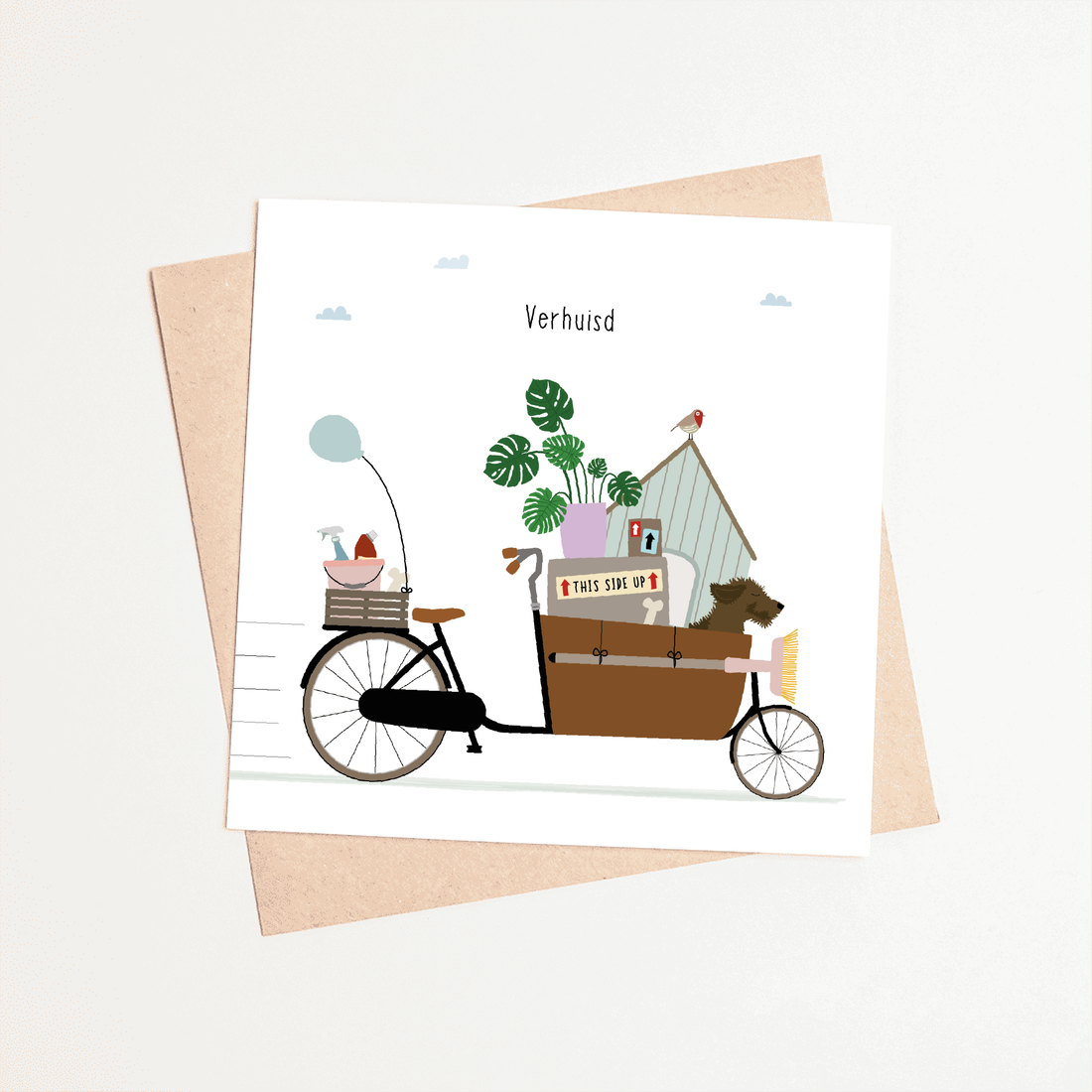 Greeting card dachshund Frits - Moved (cargo bike)