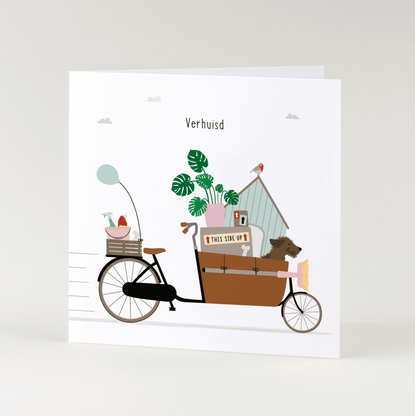 Greeting card dachshund Frits - Moved (cargo bike)