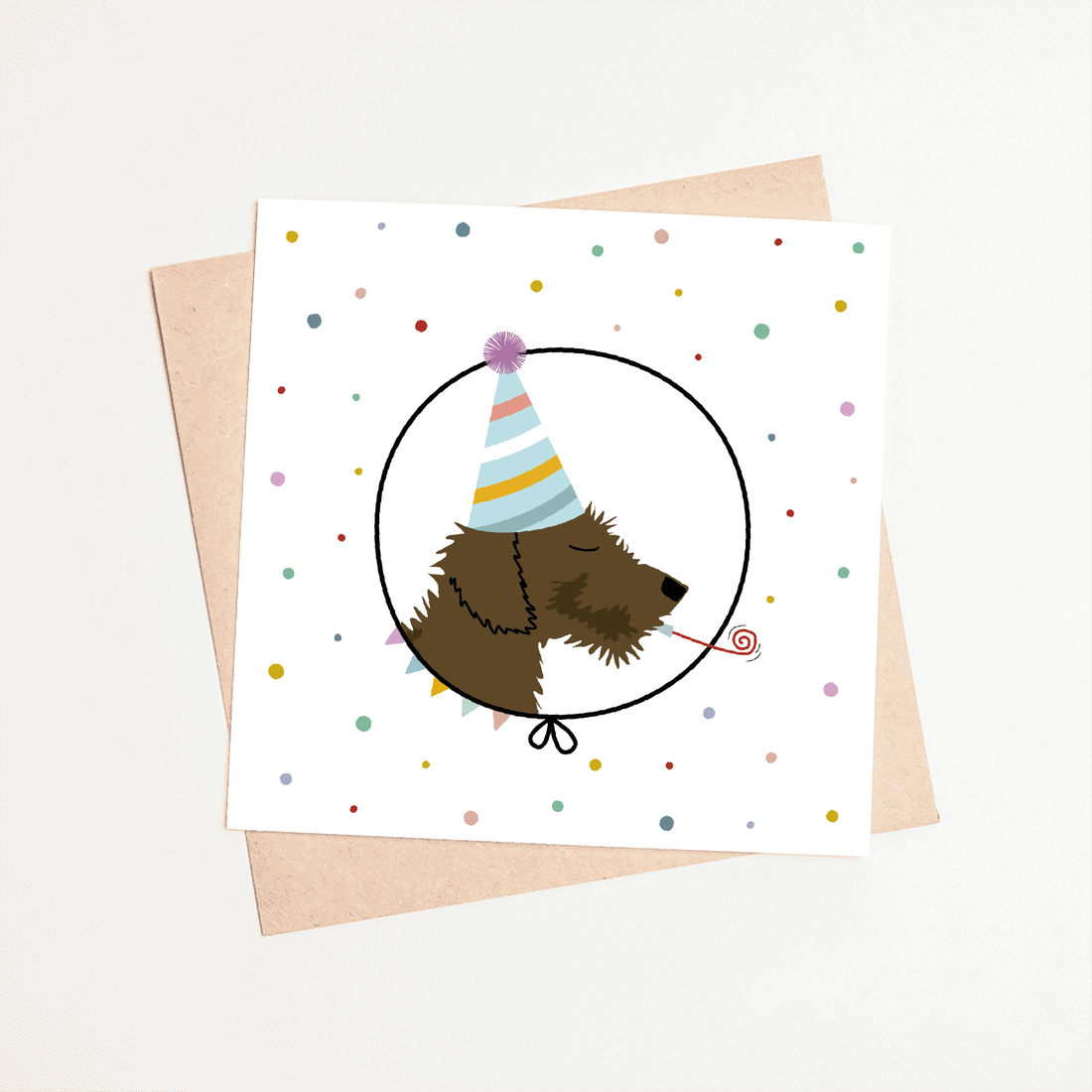 Greeting card dachshund Frits - Confetti party with horn