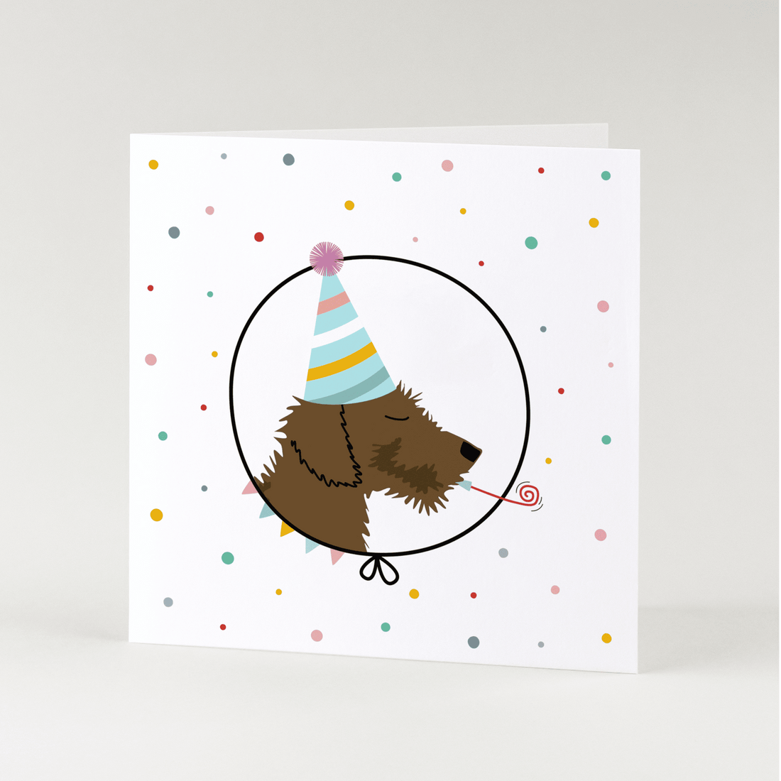 Greeting card dachshund Frits - Confetti party with horn