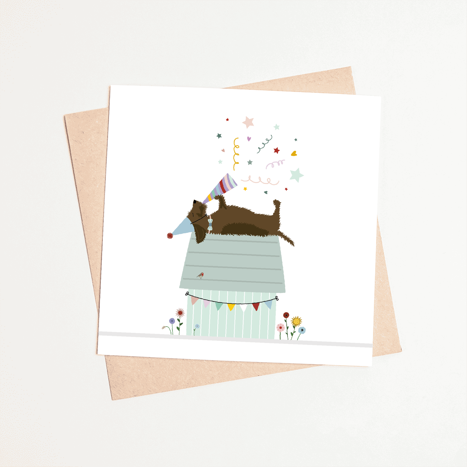 Greeting card dachshund Frits - Rooftop party!