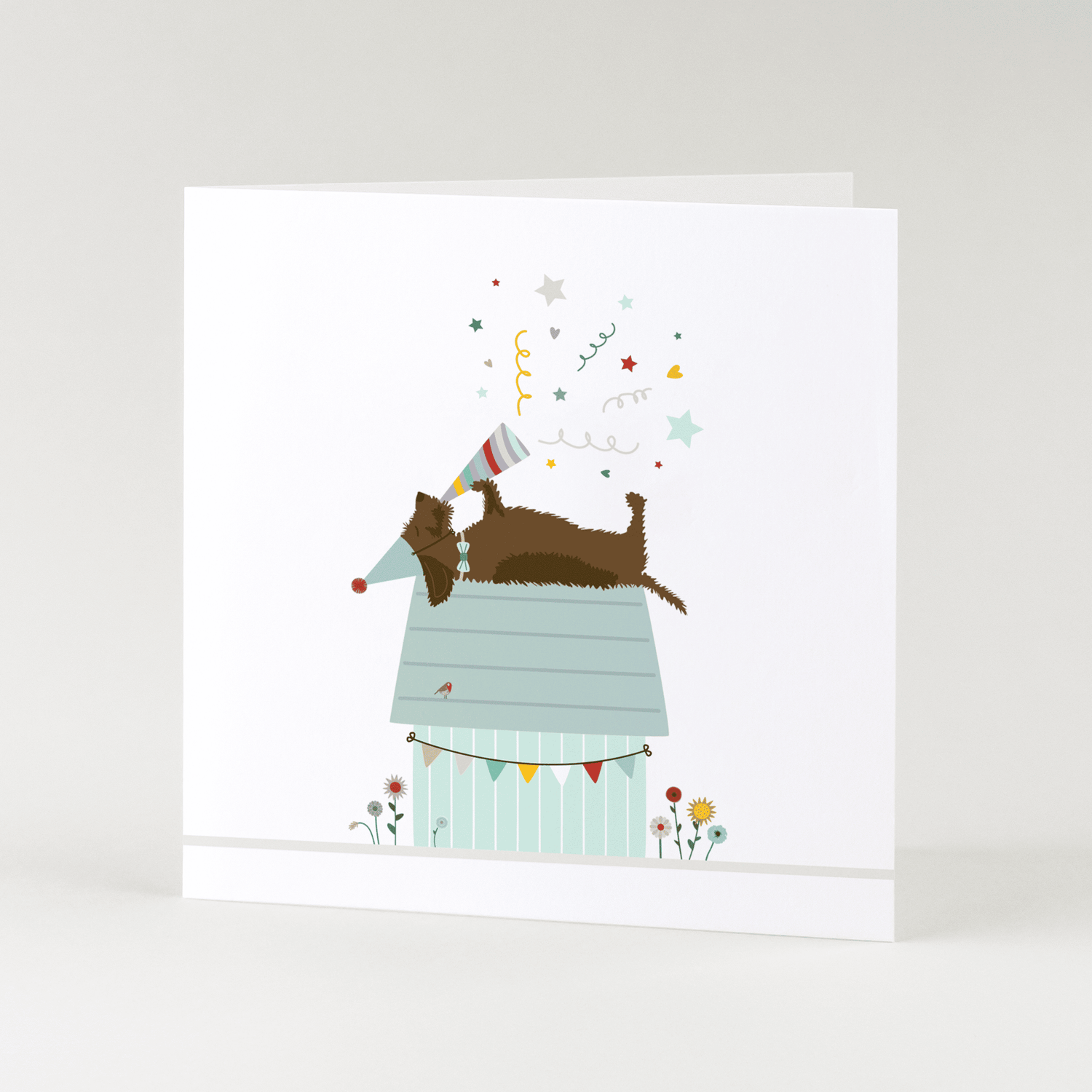 Greeting card dachshund Frits - Rooftop party!