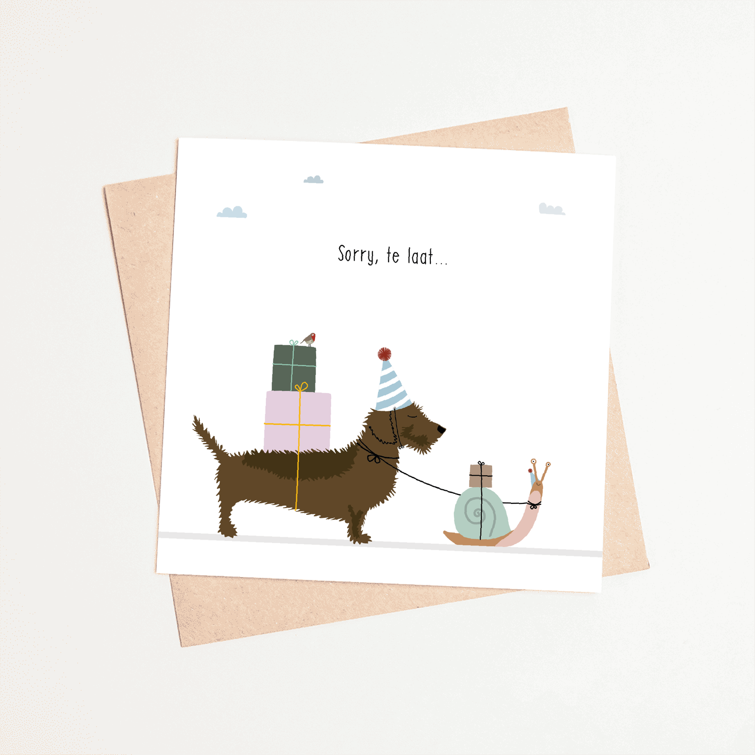 Greeting card dachshund Frits - Sorry, too late...