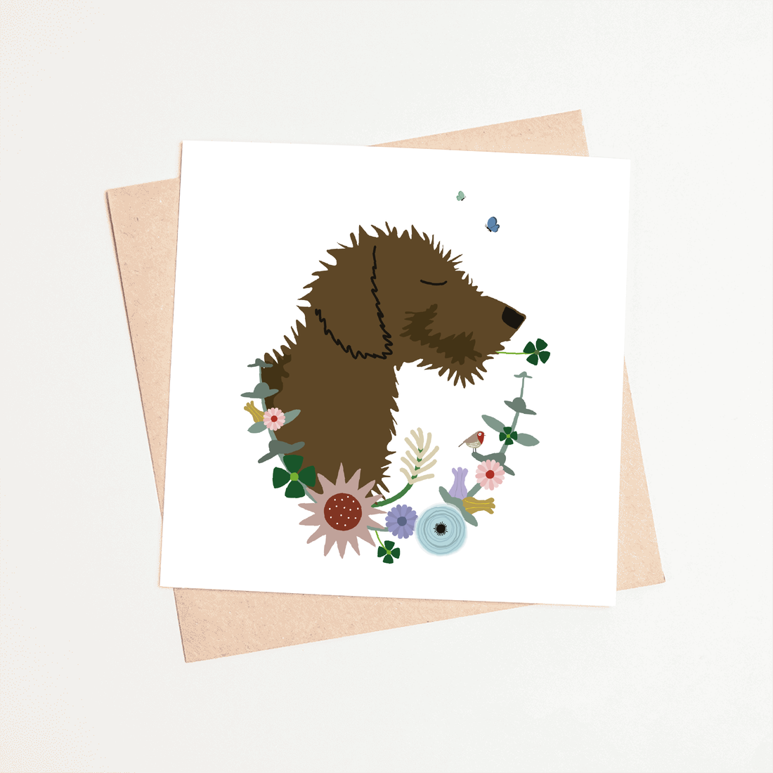 Greeting card dachshund Frits - Flower wreath