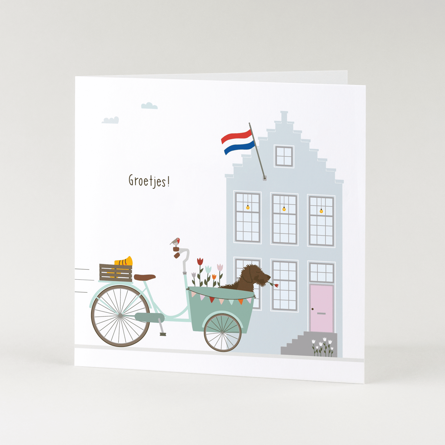 Wenskaart teckel Frits - Groetjes! (bakfiets)