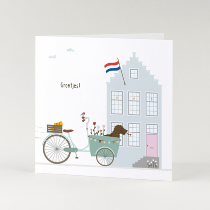 Wenskaart teckel Frits - Groetjes! (bakfiets)