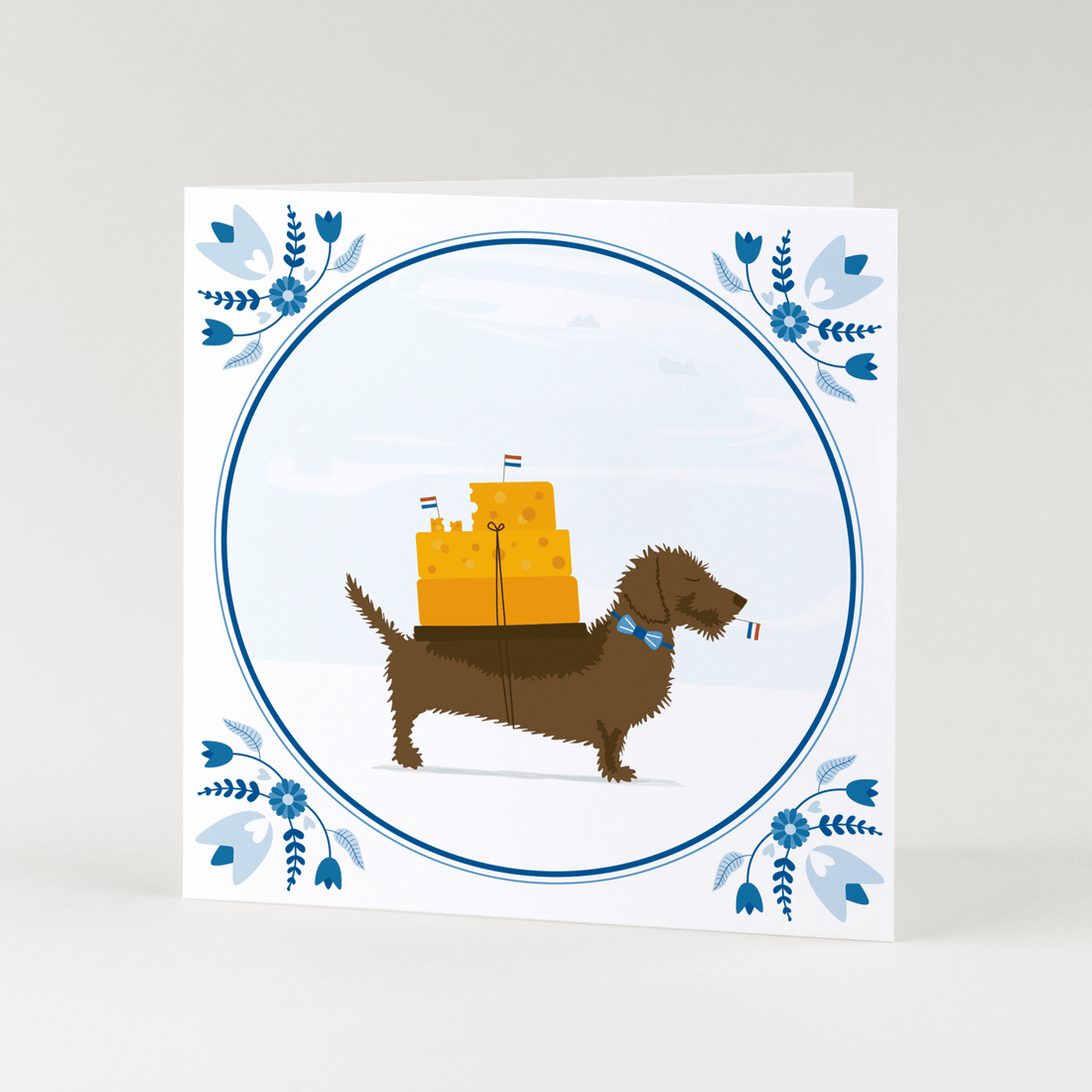 Greeting card dachshund Frits - Delft blue - Party with (cubes of) cheese