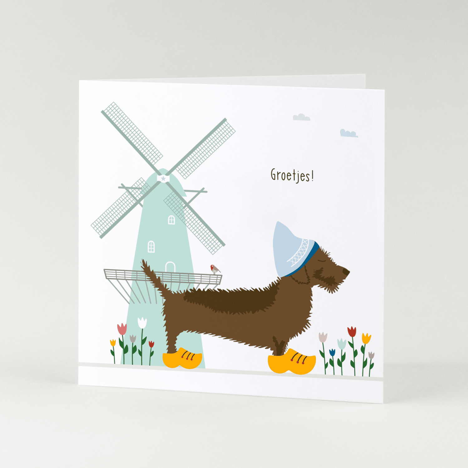 Greeting card dachshund Frits - Greetings! (clogs)