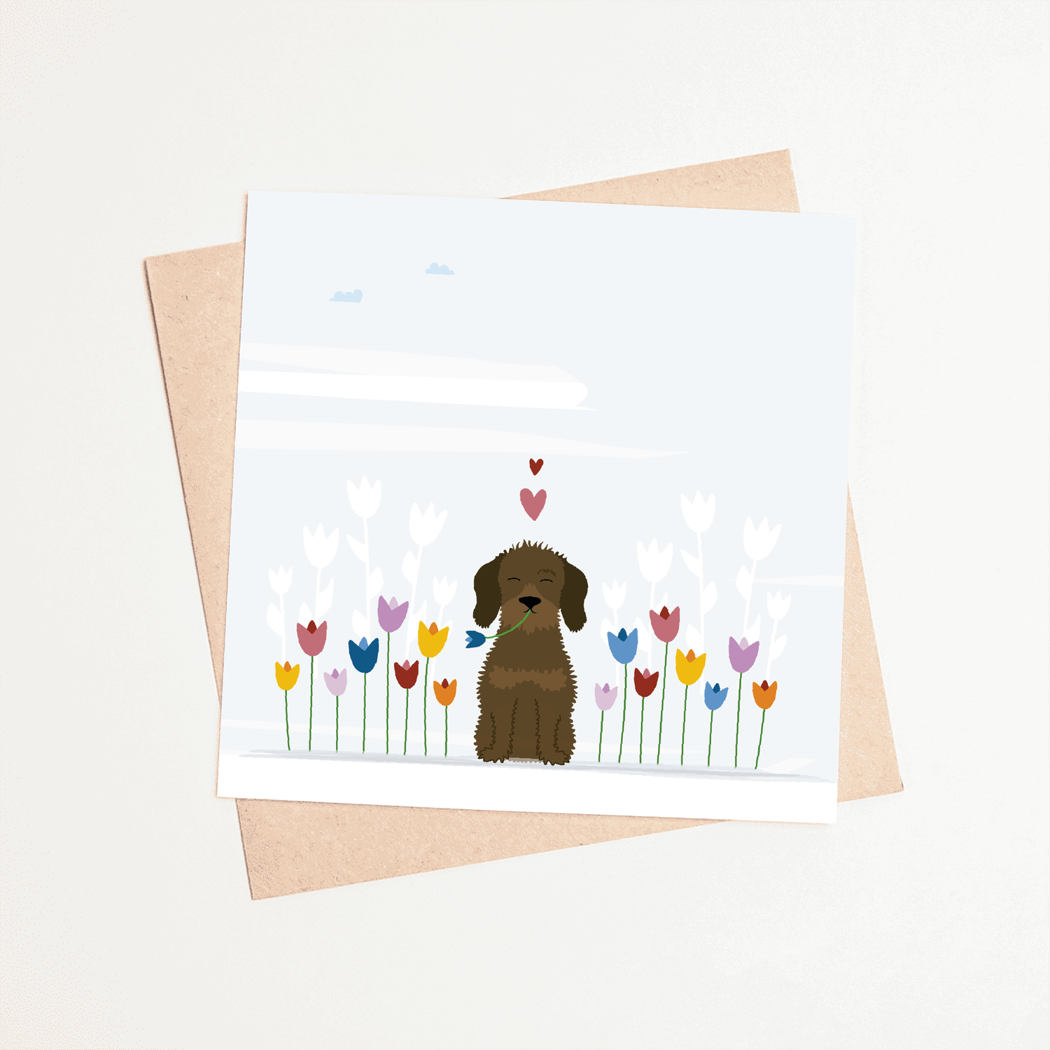 Greeting card dachshund Frits - Among the tulips (blank)