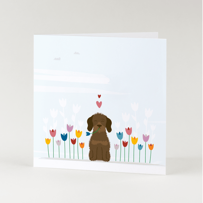 Greeting card dachshund Frits - Among the tulips (blank)