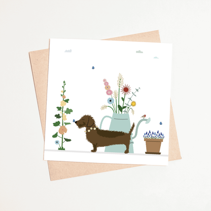 Greeting card dachshund Frits - Among the flowers...