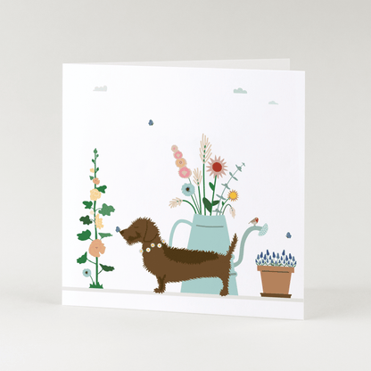 Greeting card dachshund Frits - Among the flowers...