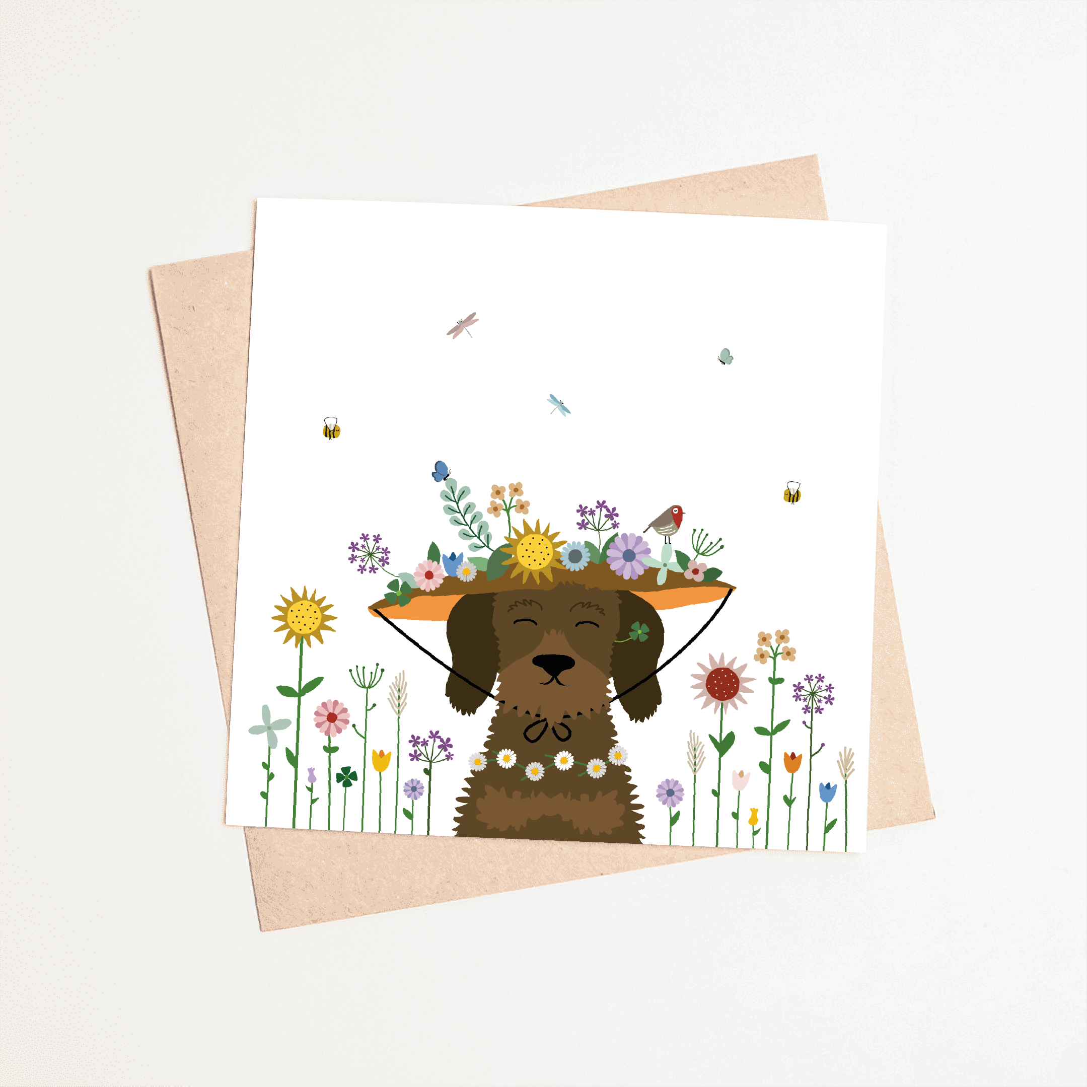 Greeting card dachshund Frits - Hat full of flowers