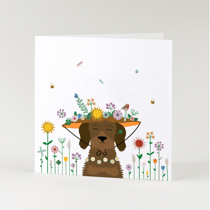 Greeting card dachshund Frits - Hat full of flowers