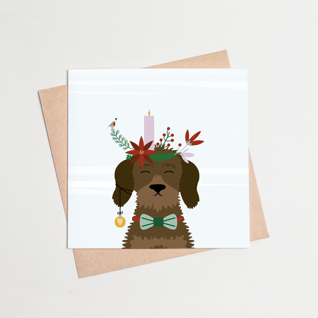 Kerstkaart-teckel-kaars-kerstbal