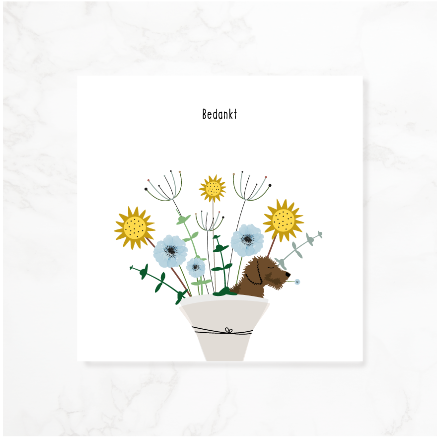 Bedankkaart teckel - Frits verstopt tussen zonnebloemen en anemonen