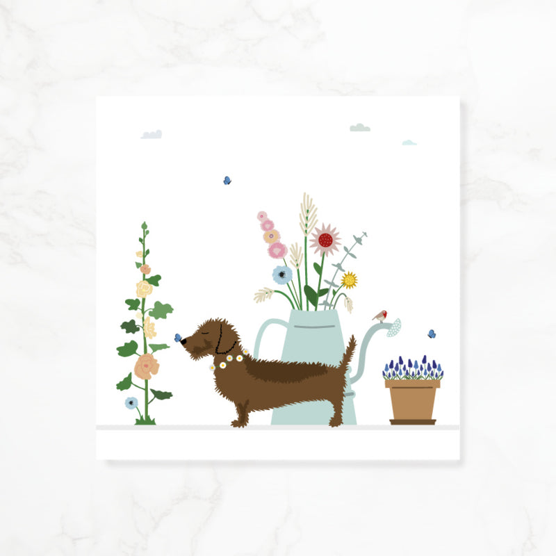 Greeting card dachshund Frits - Among the flowers...