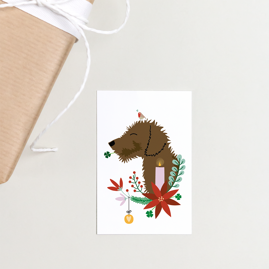 cadeaukaartje-kerst-teckel-bloemenkrans