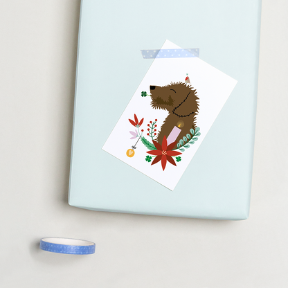 cadeaukaartje-kerst-teckel-krans-bloemen