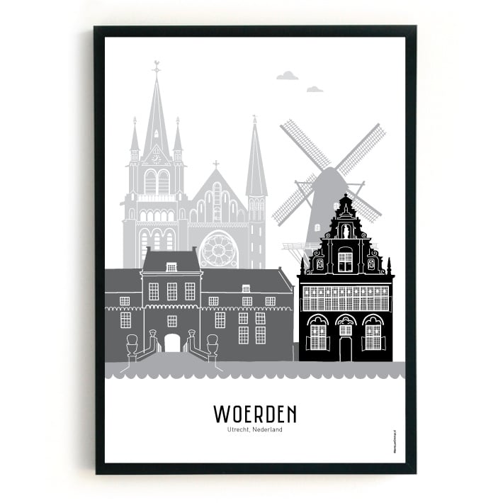 Poster Woerden zwart-wit-grijs  - A4 | A3