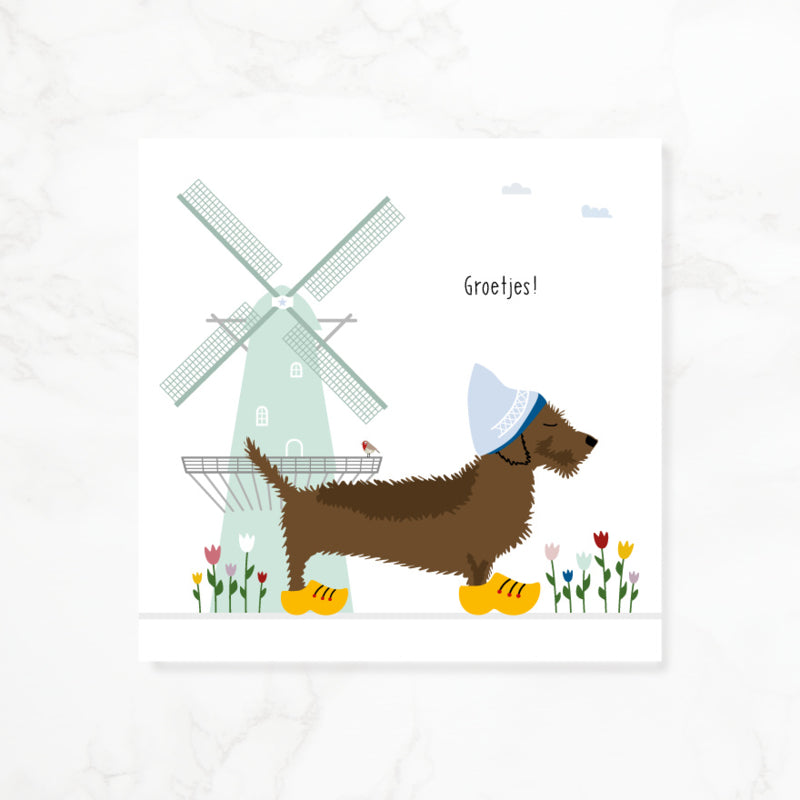 Greeting card dachshund Frits - Greetings! (clogs)