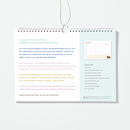 familieplanner 2027 teckel - achterkant met kennismaking Frits, Lies en Cor en praktische details