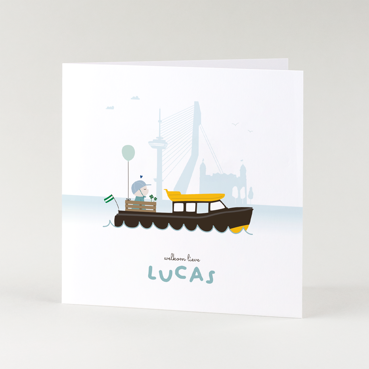 geboortekaartje Rotterdam illustratie met watertaxi op het water en skyline