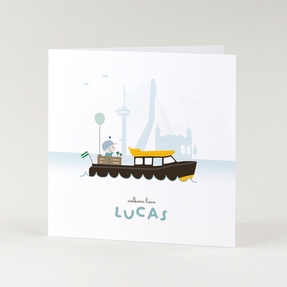 geboortekaartje Rotterdam illustratie met watertaxi op het water en skyline