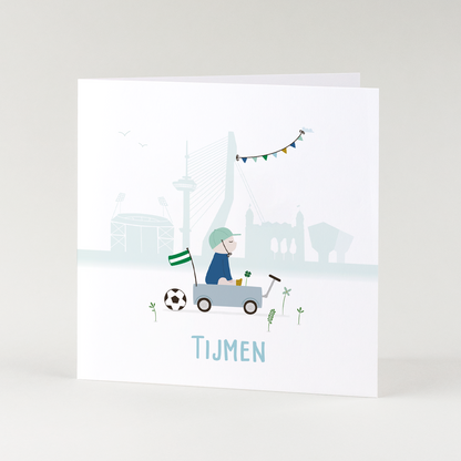 geboortekaartje Rotterdam met voetbal en skyline illustratie